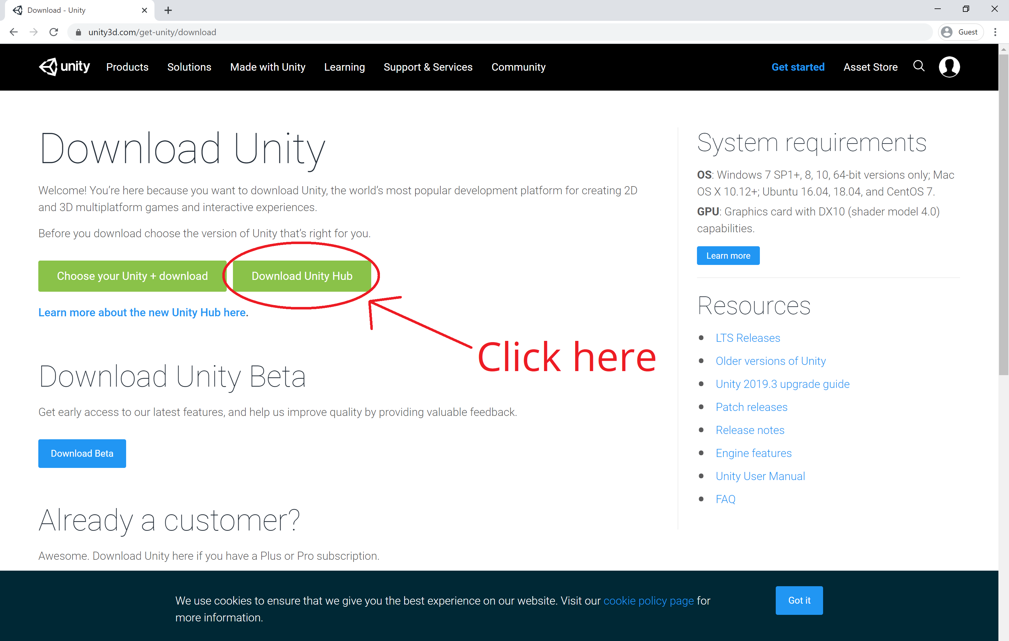 Image showing which button to click on Unity download page