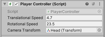 Image that shows PlayerController script properties in the Inspector